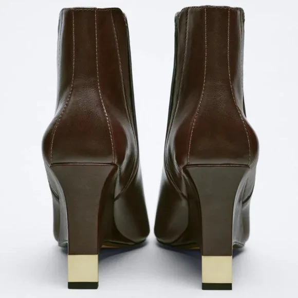 NWT Brown Pointed Toe Wedge Heel Leather Ankle Boots w/ Gold Details, 8 - Picture 5 of 5